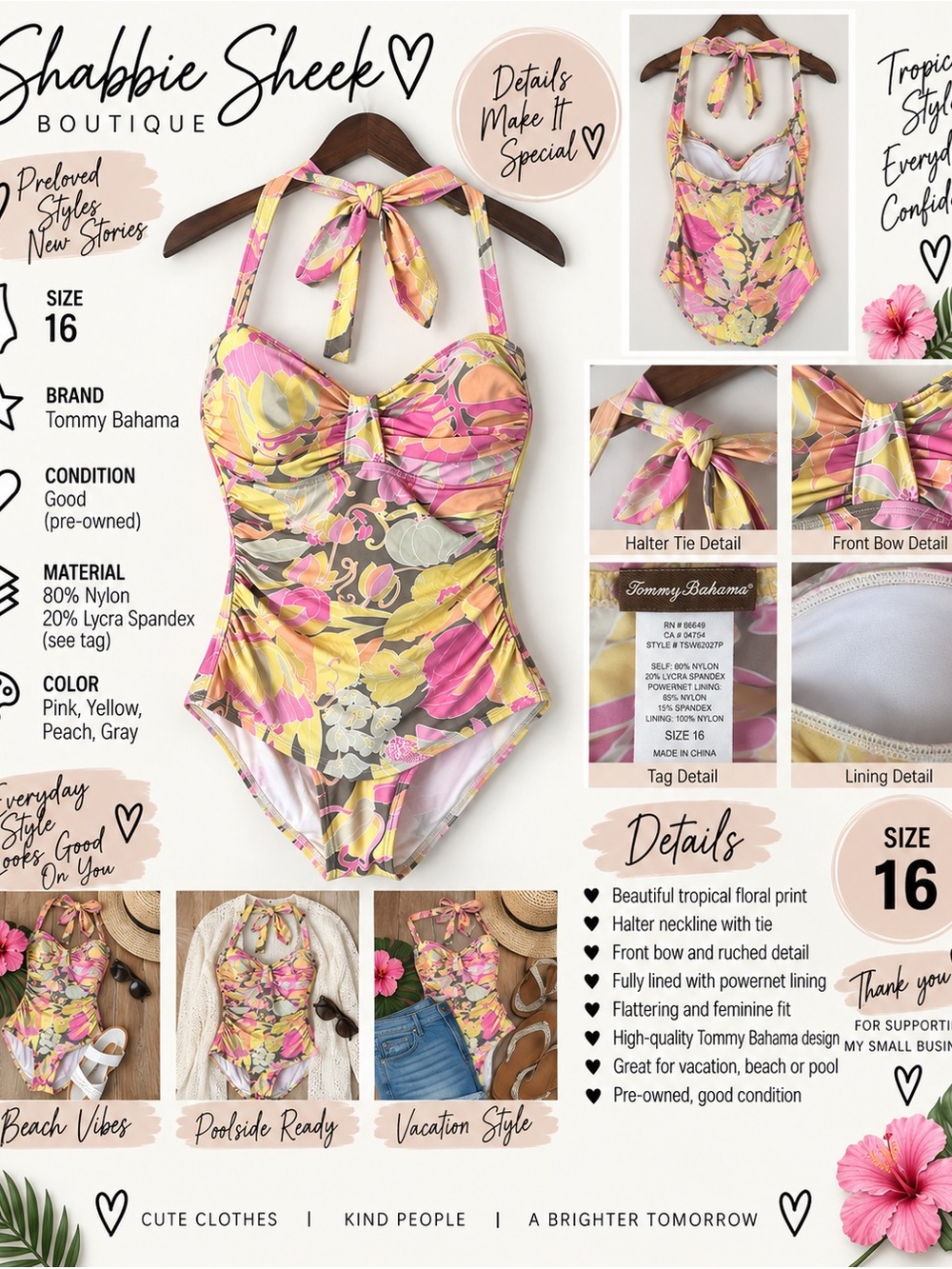 Tommy Bahama Floral One-Piece Swimsuit Size 16 Halter Neck Bow Front Ruched